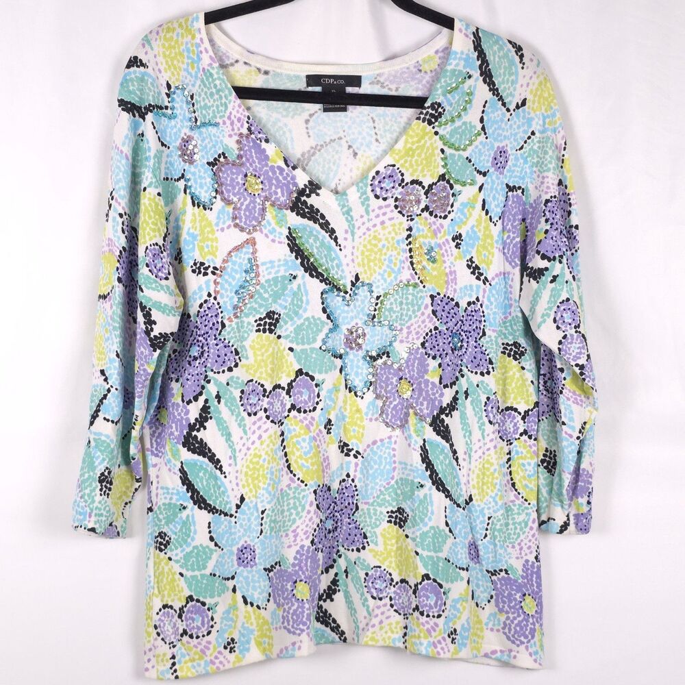 CDP & Co Womens XL Spring Floral Sequin Embellished Top Blouse 3/4 Sleeve V Neck